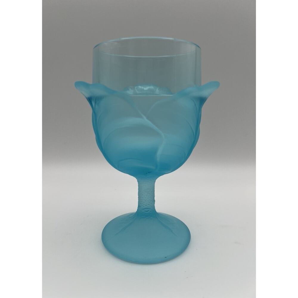 Vintage LG Wright Blue Satin Glass Cabbage Leaf 6.25” Water Goblet Wine Glass